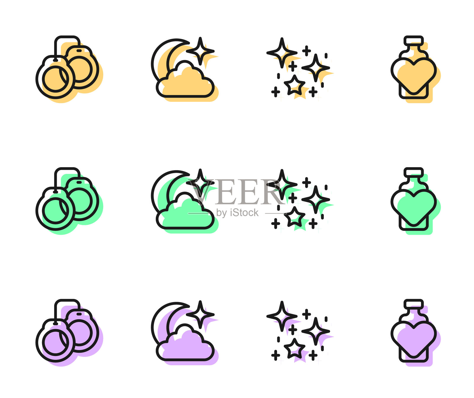 设置线魔法闪闪发光的粒子，手铐，月亮星星和瓶子与爱情药水图标。向量图标素材