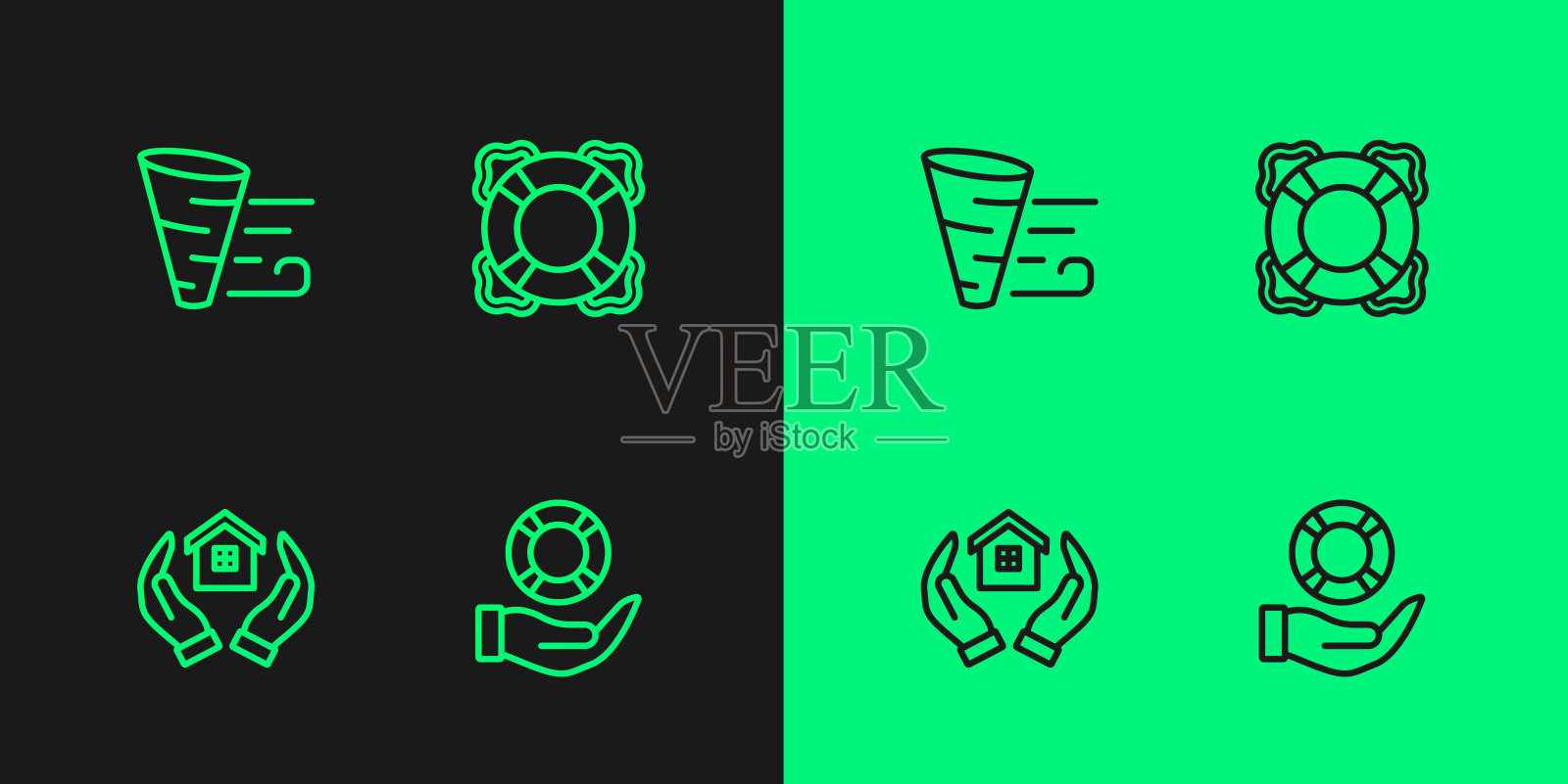 准备好救生圈，房子，龙卷风和图标。向量图标素材