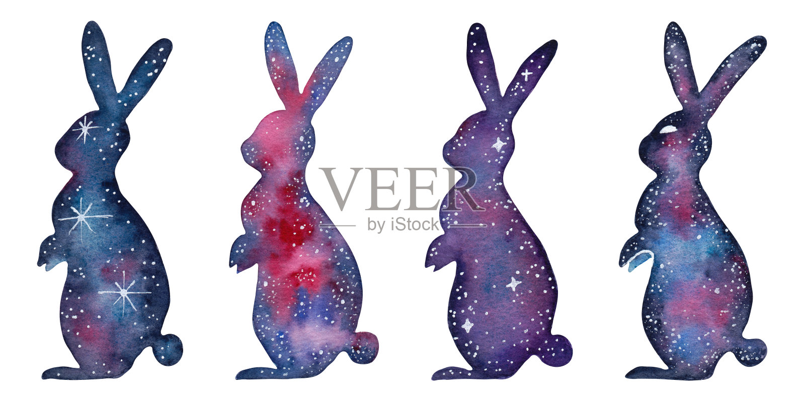 一套银河动物兔。兔子的形状在不同的空间风格。布置好儿童房、儿童服装。对于塔罗牌，星历。插画图片素材