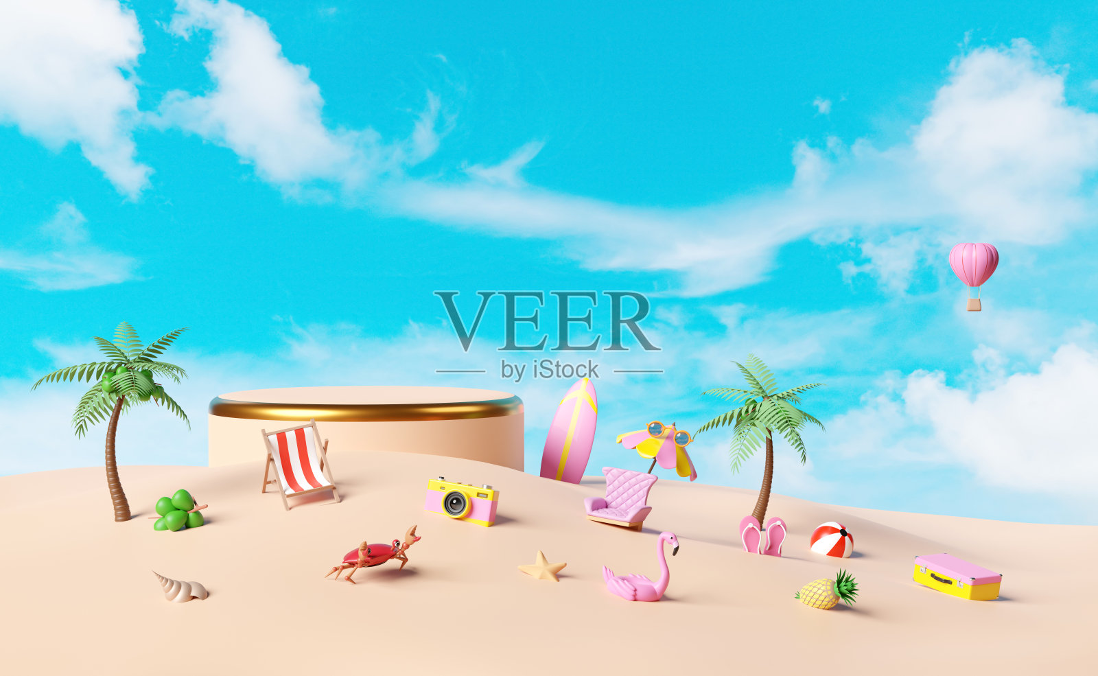 三维圆柱形舞台讲台空有冲浪板，沙滩，棕榈树，椰子树，岛屿，相机，雨伞，手提箱，凉鞋孤立在蓝天上。购物夏季销售概念，3d渲染插图照片摄影图片