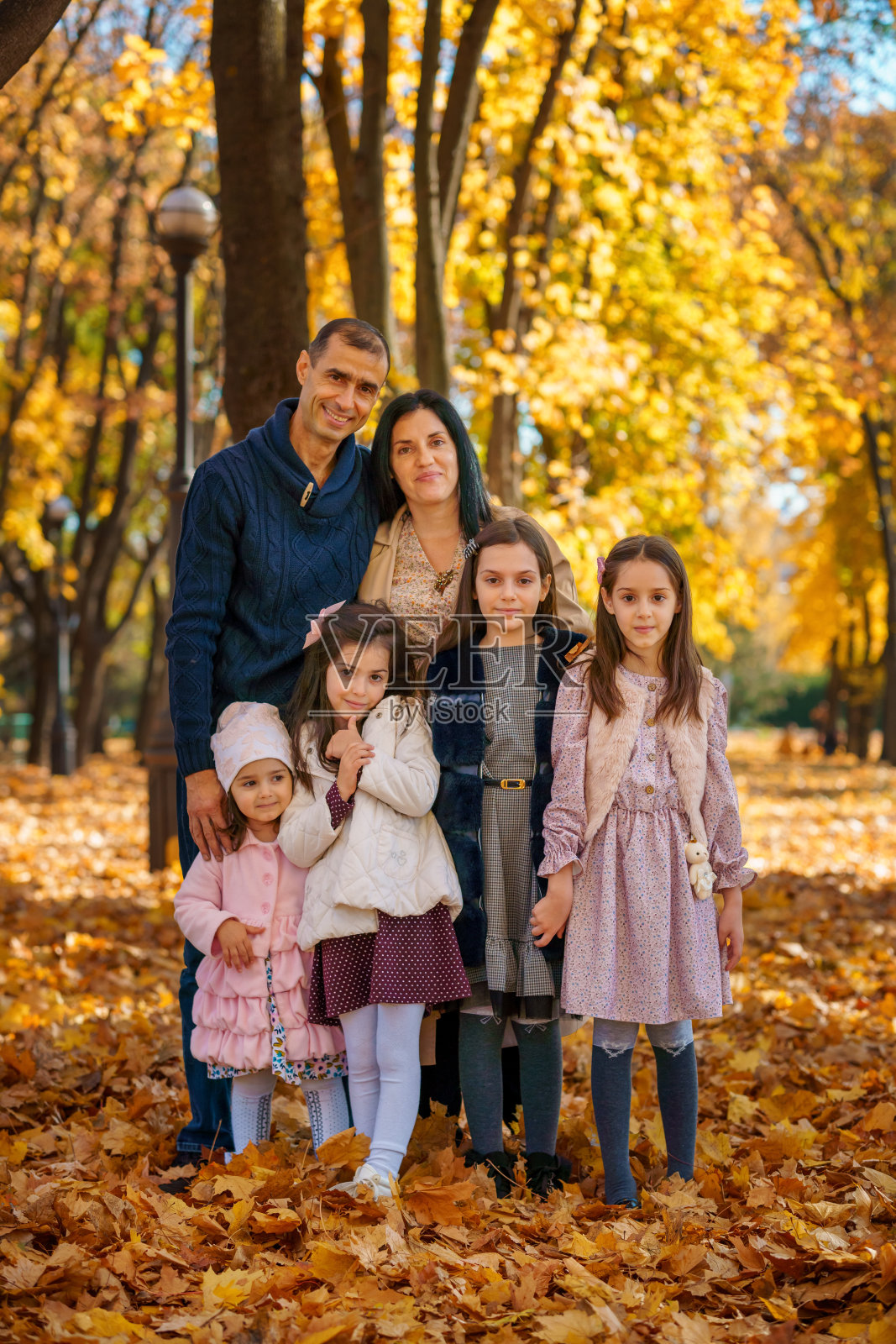 秋天城市公园的大家庭肖像，孩子和父母，快乐的人们一起摆姿势，美丽的大自然，明媚的阳光和黄色的树叶照片摄影图片