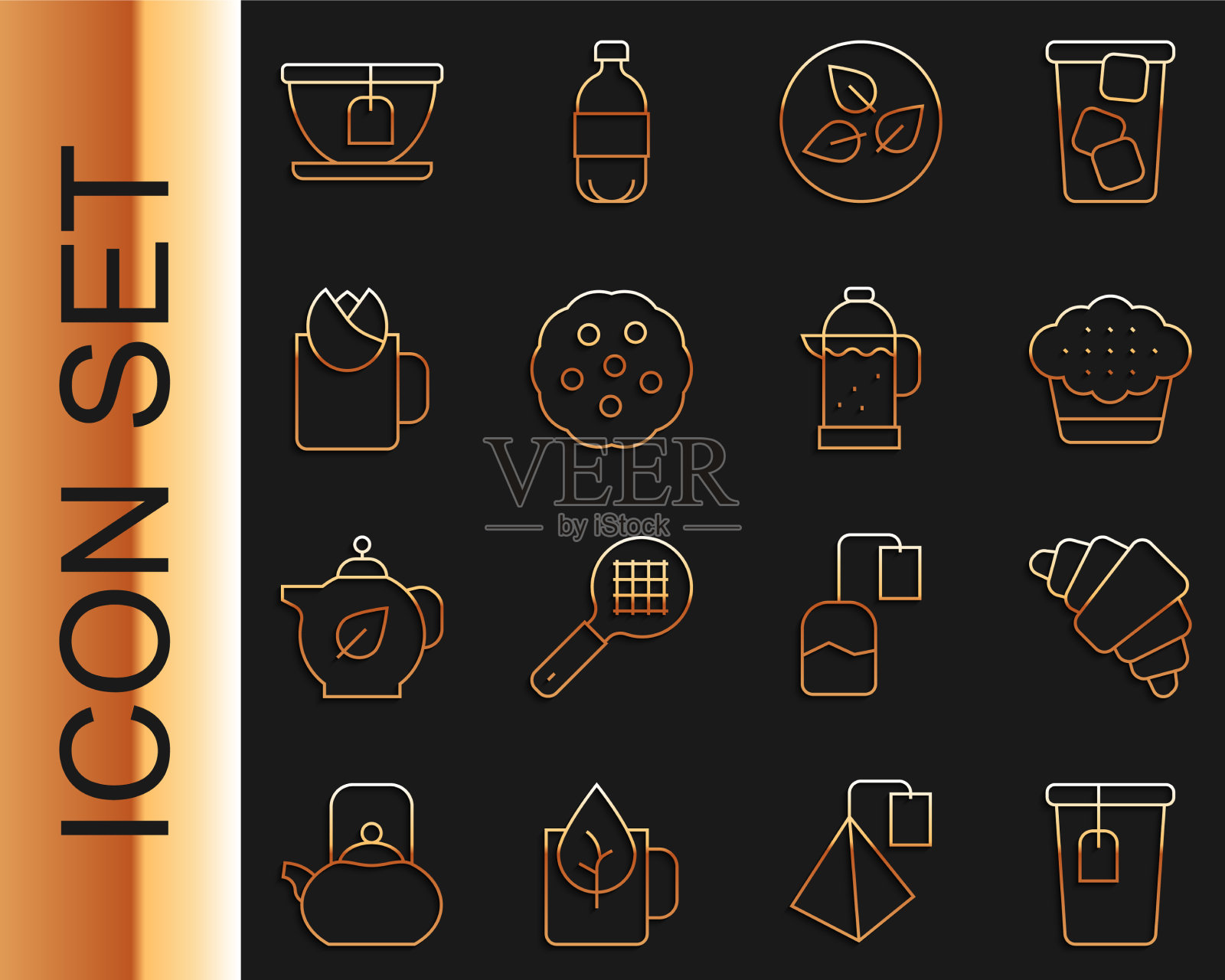 设置线杯与茶包牛角包松饼茶图标素材