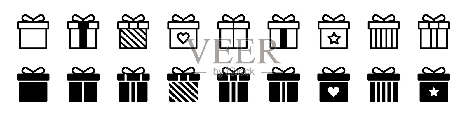 礼盒图标集。礼盒标志线条和轮廓风格。矢量插图。图标素材