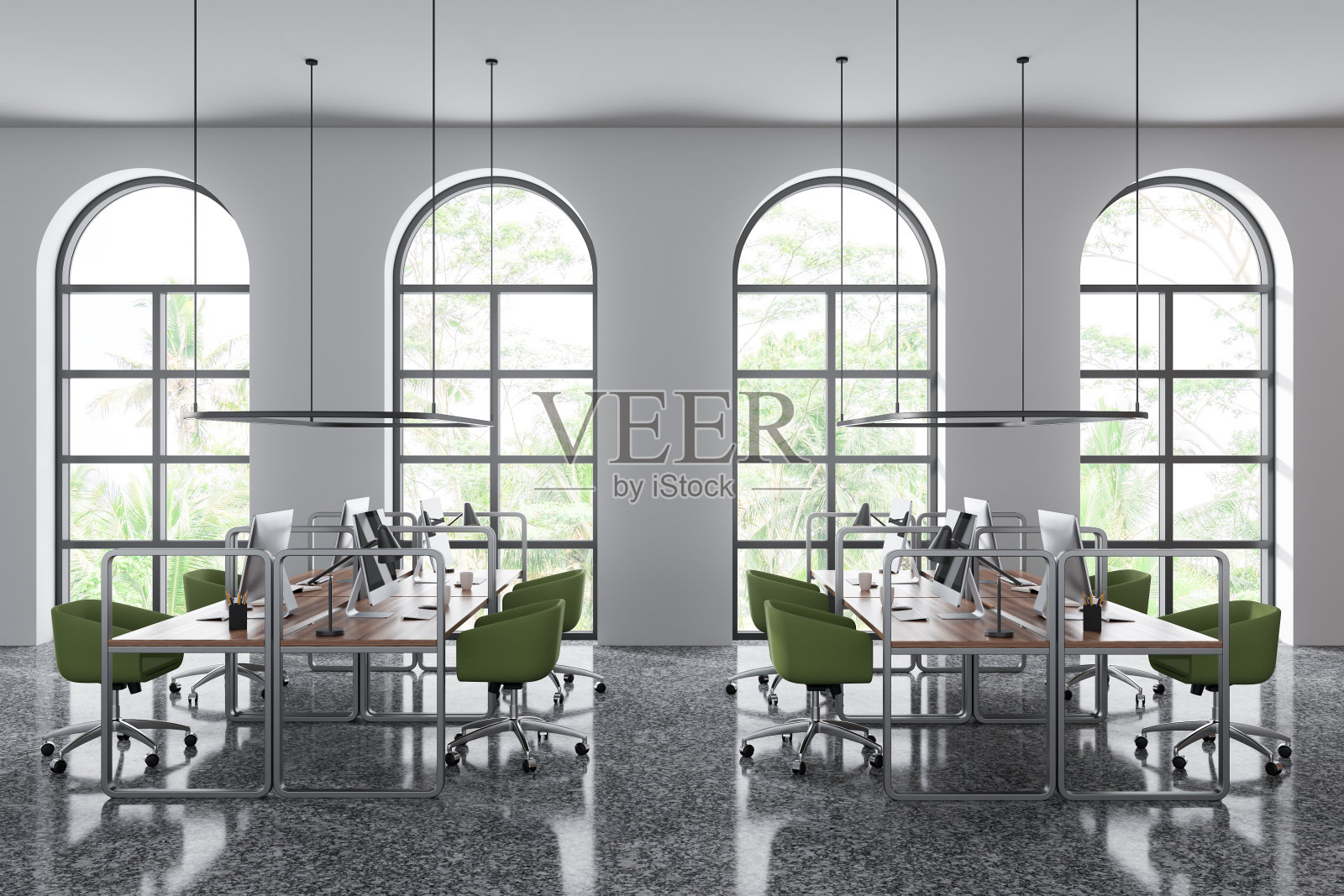 现代商务室内配有pc电脑和拱形全景窗照片摄影图片