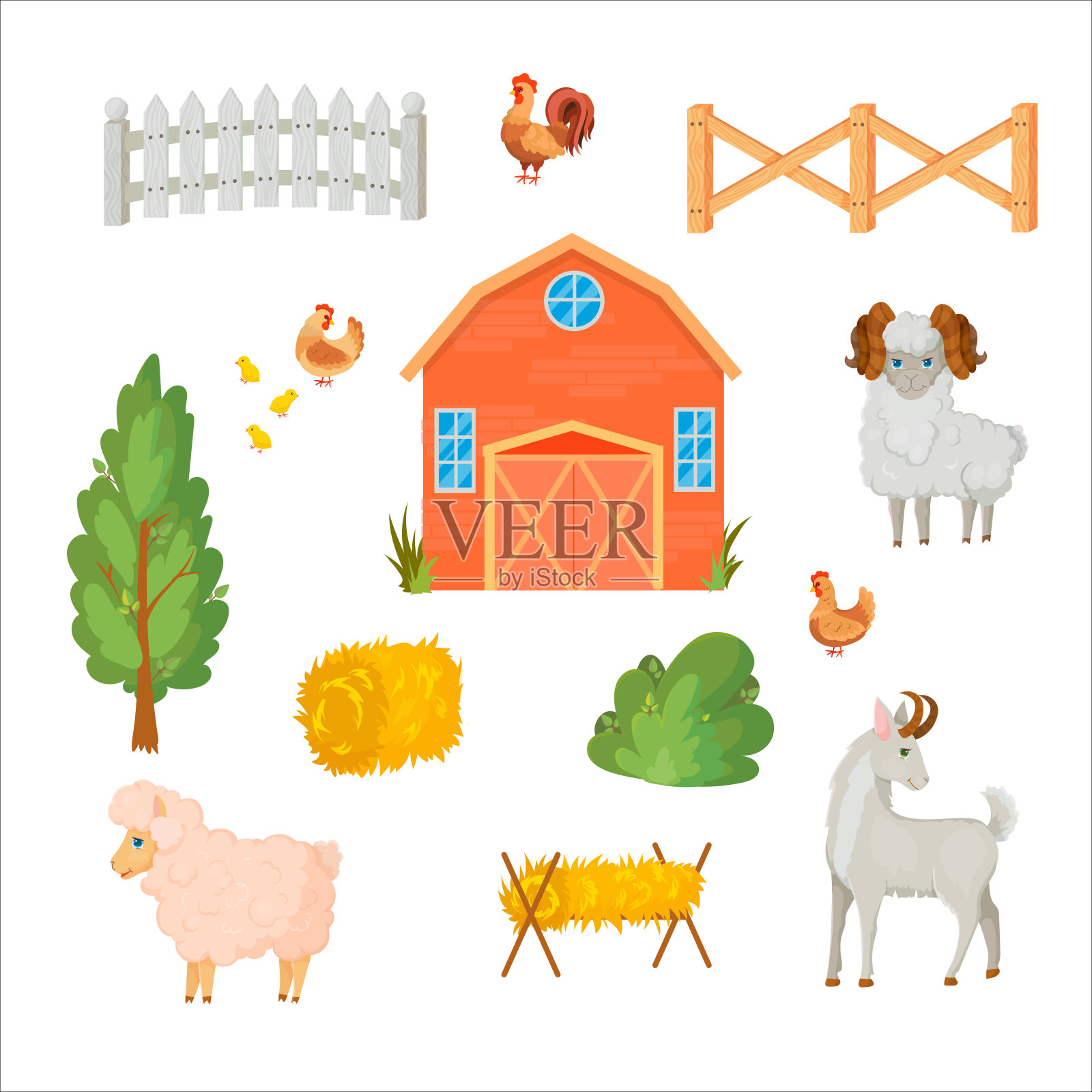 绵羊，山羊和猪。农场动物和建筑物。干草。拖拉机。谷仓。牛育种矢量插图隔离在白色背景上。插画图片素材