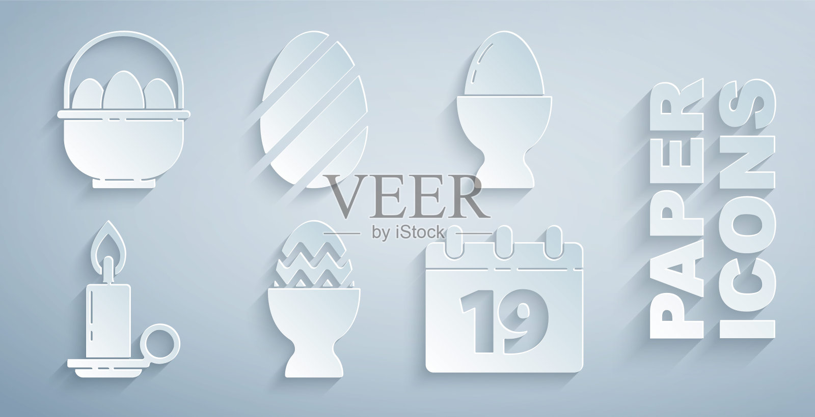 设置复活节彩蛋在一个站，在烛台燃烧的蜡烛，日历与快乐，和篮子复活节彩蛋图标。向量图标素材