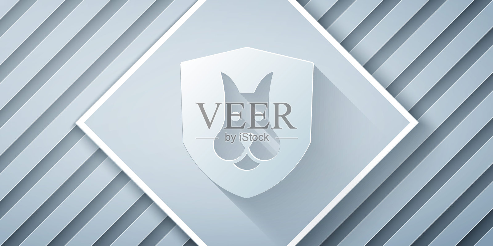 剪纸动物健康保险图标孤立的灰色背景。宠物保护理念。狗或猫的爪印。纸艺风格。向量插画图片素材