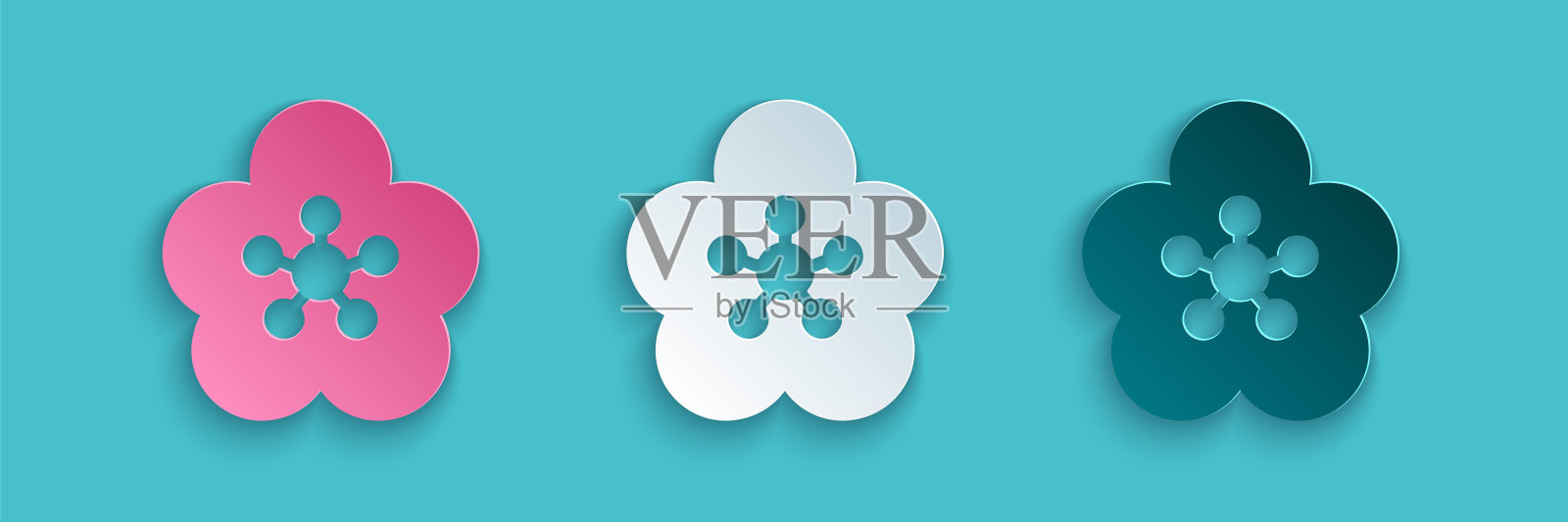 剪纸莲花图标孤立的蓝色背景。纸艺风格。向量插画图片素材