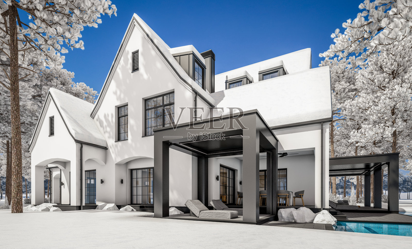 3D渲染：冬季的黑白色现代都铎式房屋照片摄影图片