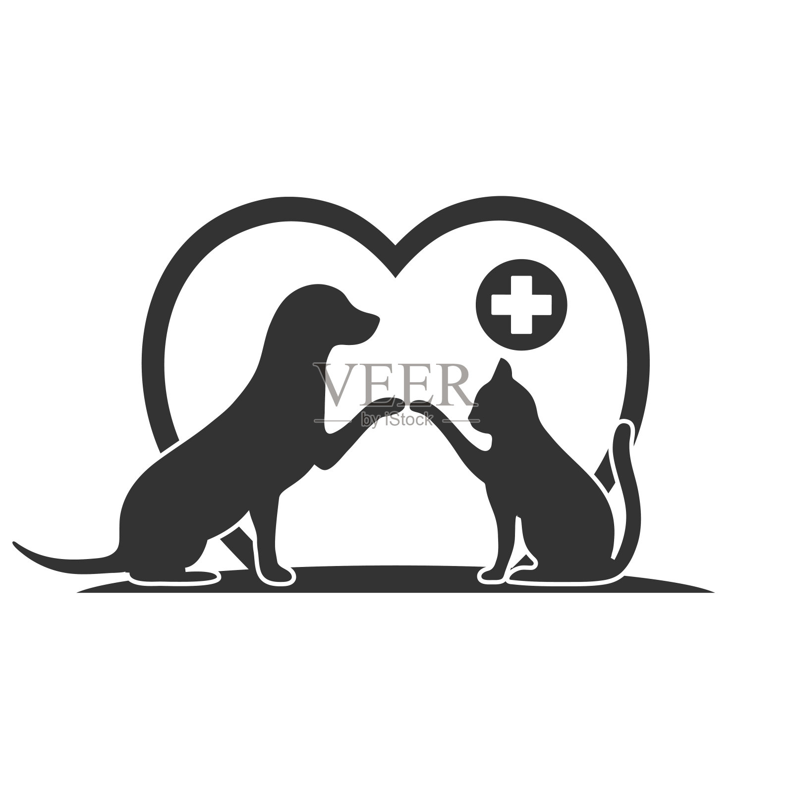 兽医诊所标志插图。狗和猫的心脏上有一个医学十字插画图片素材