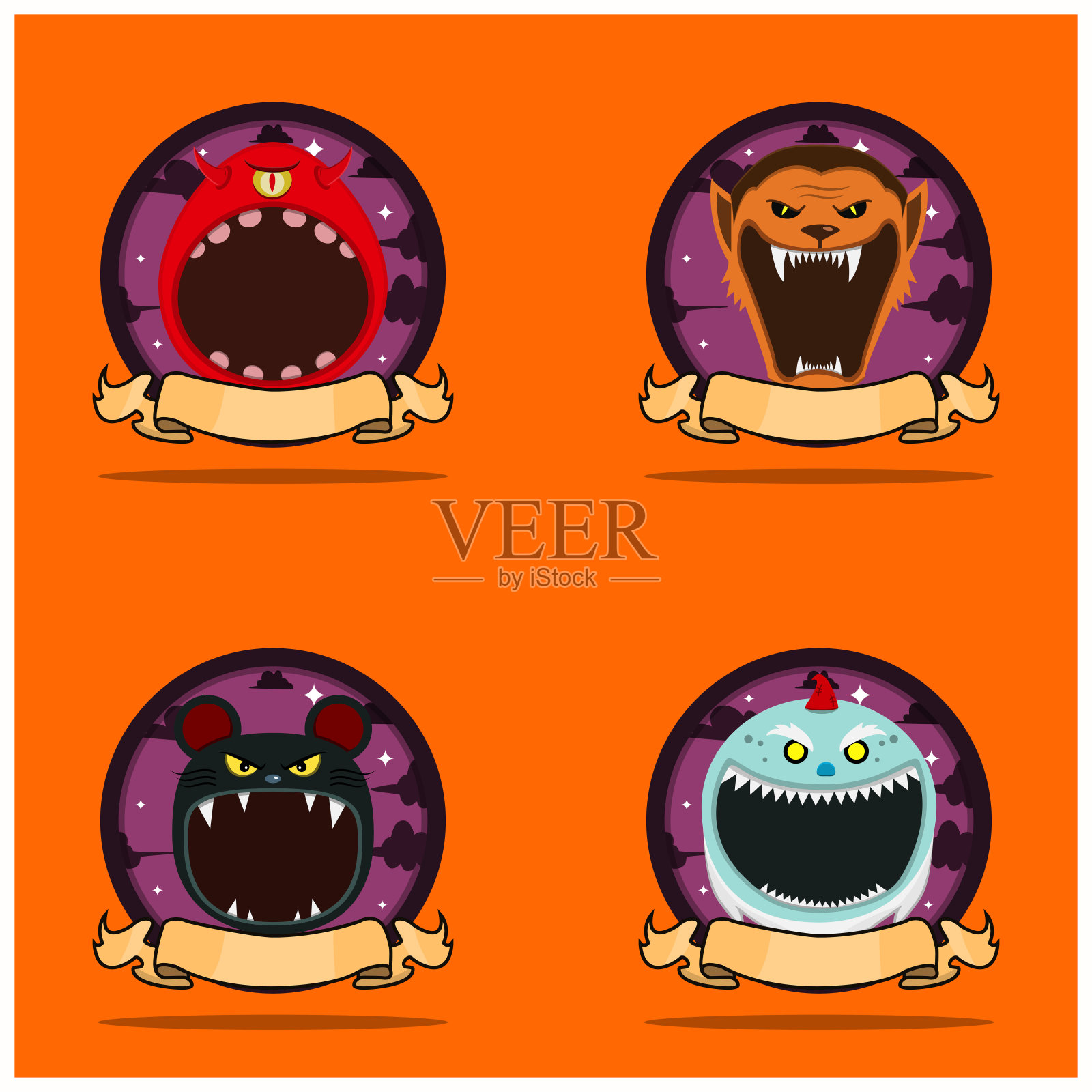 徽章设定头怪。独眼怪物，狼人，老鼠和令人毛骨悚然的侏儒头部角色设计插画图片素材