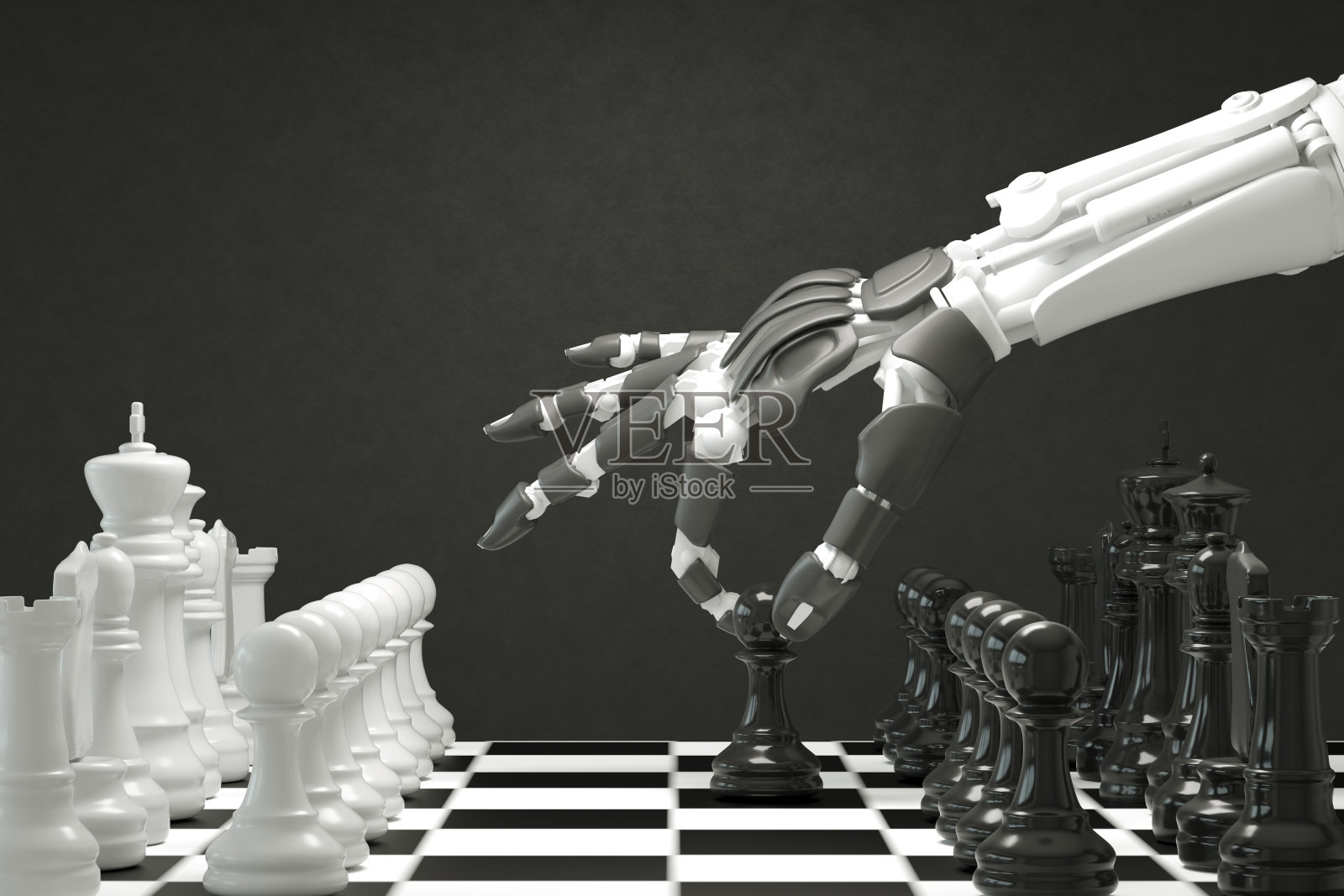 赛博格机器人下棋，人工智能，深度学习，技术背景。照片摄影图片