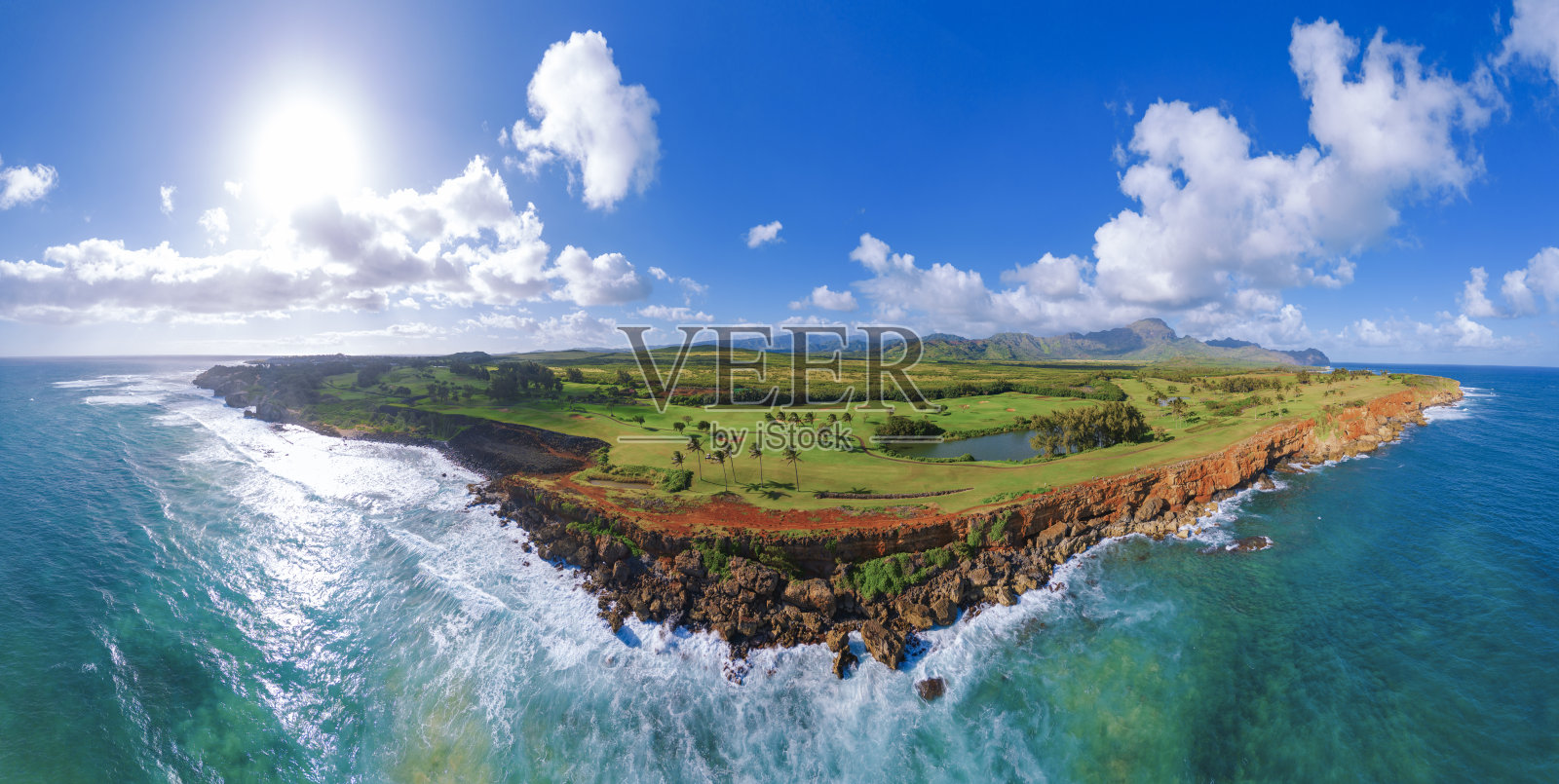 美国夏威夷岛考艾岛海岸线鸟瞰图照片摄影图片