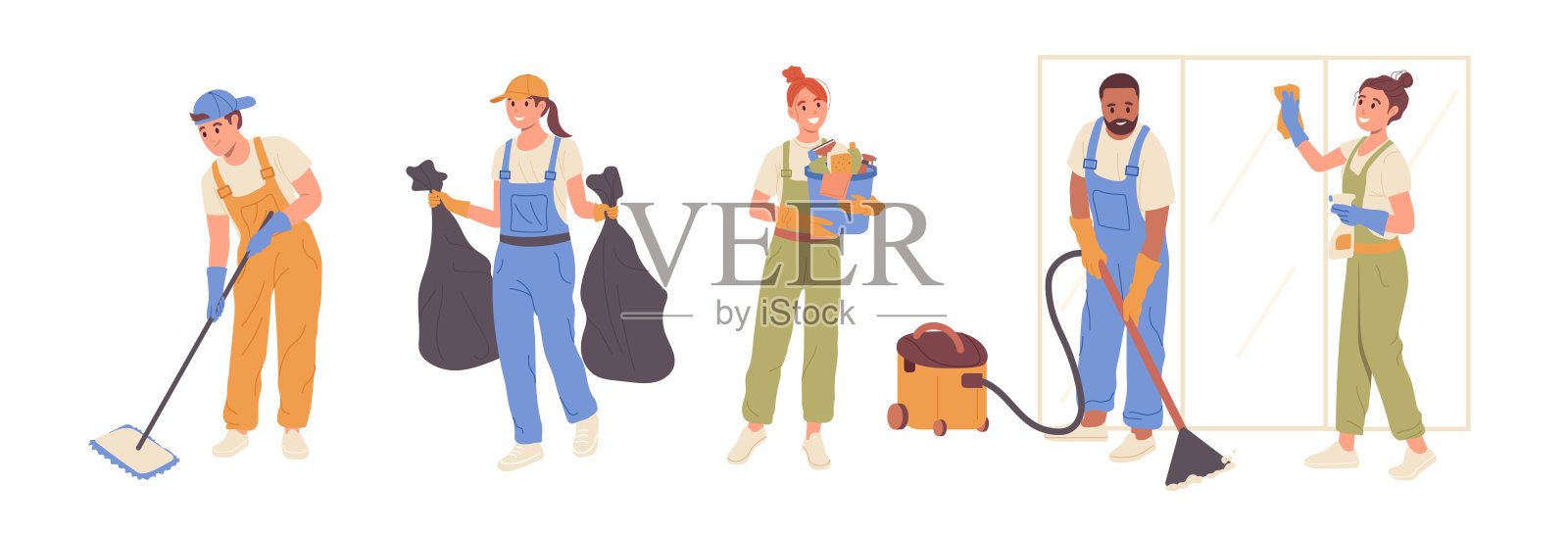 一套平面的卡通人物，从家庭清洁服务中穿着统一的手持工具插画图片素材