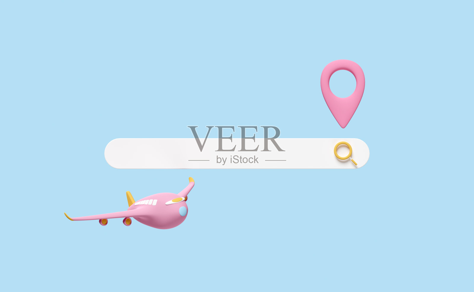 3d搜索栏空白和放大镜，别针与机票预订，夏季旅游服务，规划旅行者的旅游孤立在蓝色背景上。3d渲染图照片摄影图片