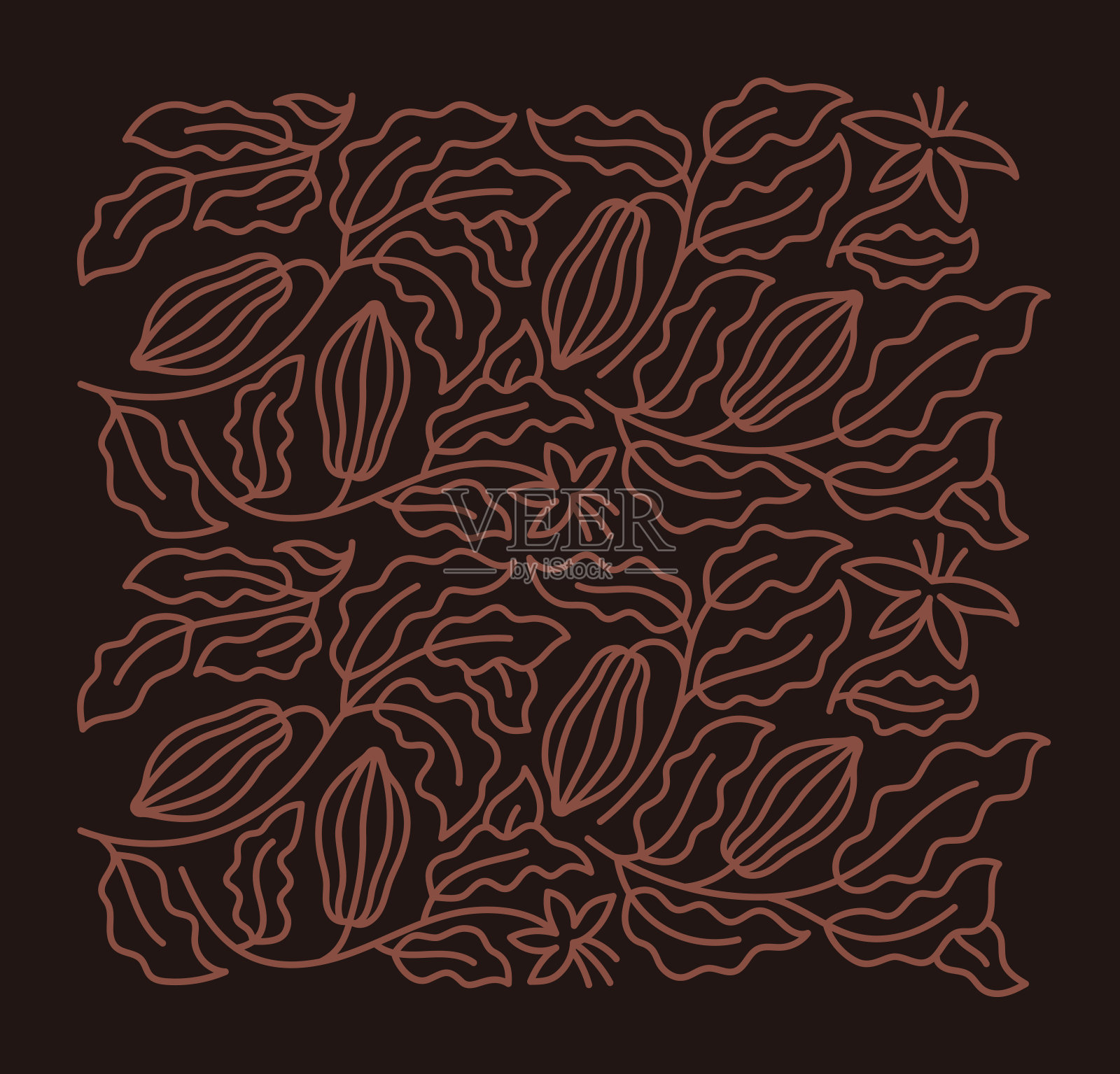 可可线点缀。巧克力设计背景。豆子和树枝叶子。可编辑的轮廓笔画。矢量线。插画图片素材