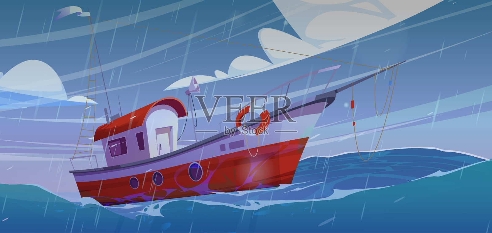 汽艇漂浮在波涛汹涌的海面上插画图片素材