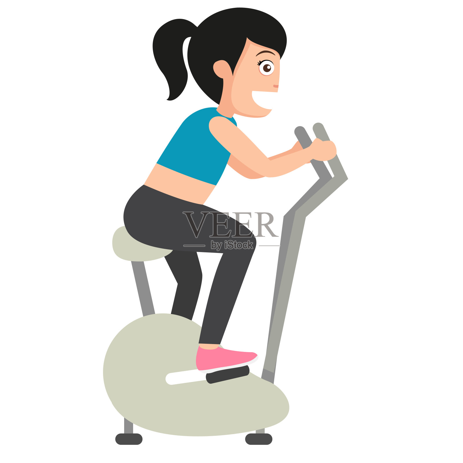 年轻女孩骑着白色背景的健身自行车插画图片素材