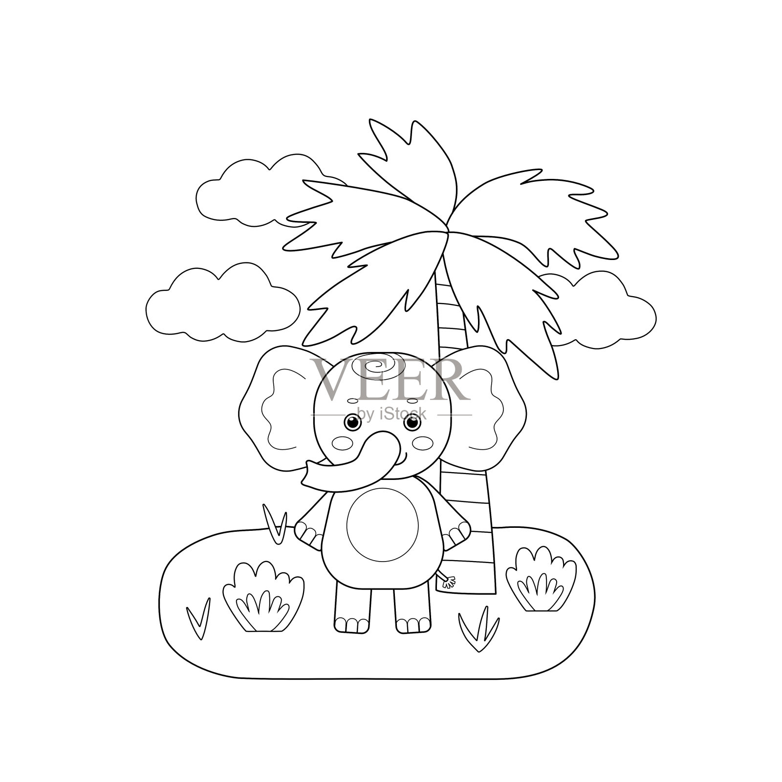 孩子们用可爱的大象棕榈树云填色书。形状简单，轮廓适合小孩子。卡通矢量插图。插画图片素材