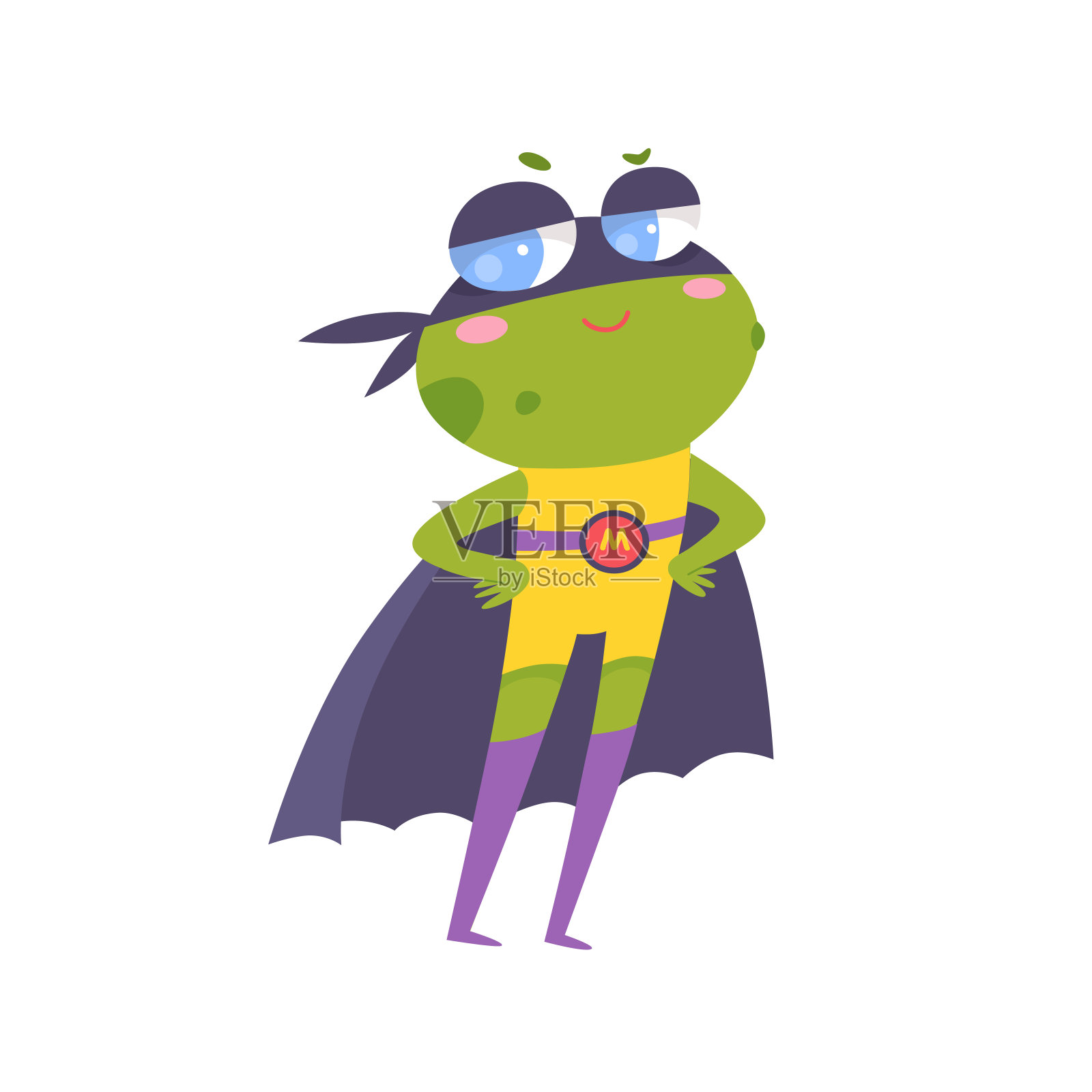 可爱的绿色青蛙超级英雄，快乐可爱的动物角色站在有趣的英雄姿势插画图片素材