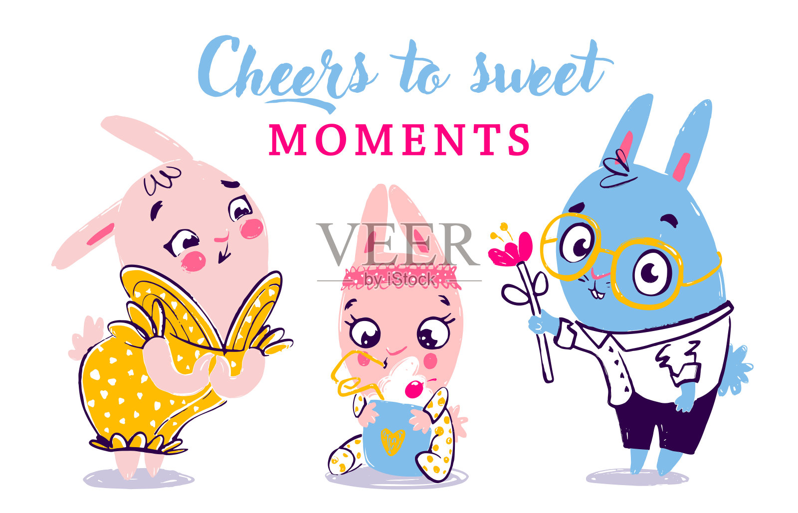 甜蜜的兔子家庭-庆祝快乐的时刻。一个矢量插图，以兔子家庭为特色，包括妈妈兔子，爸爸兔子拿着花，还有一个小女儿兔子愉快地喝着甜鸡尾酒。插画图片素材