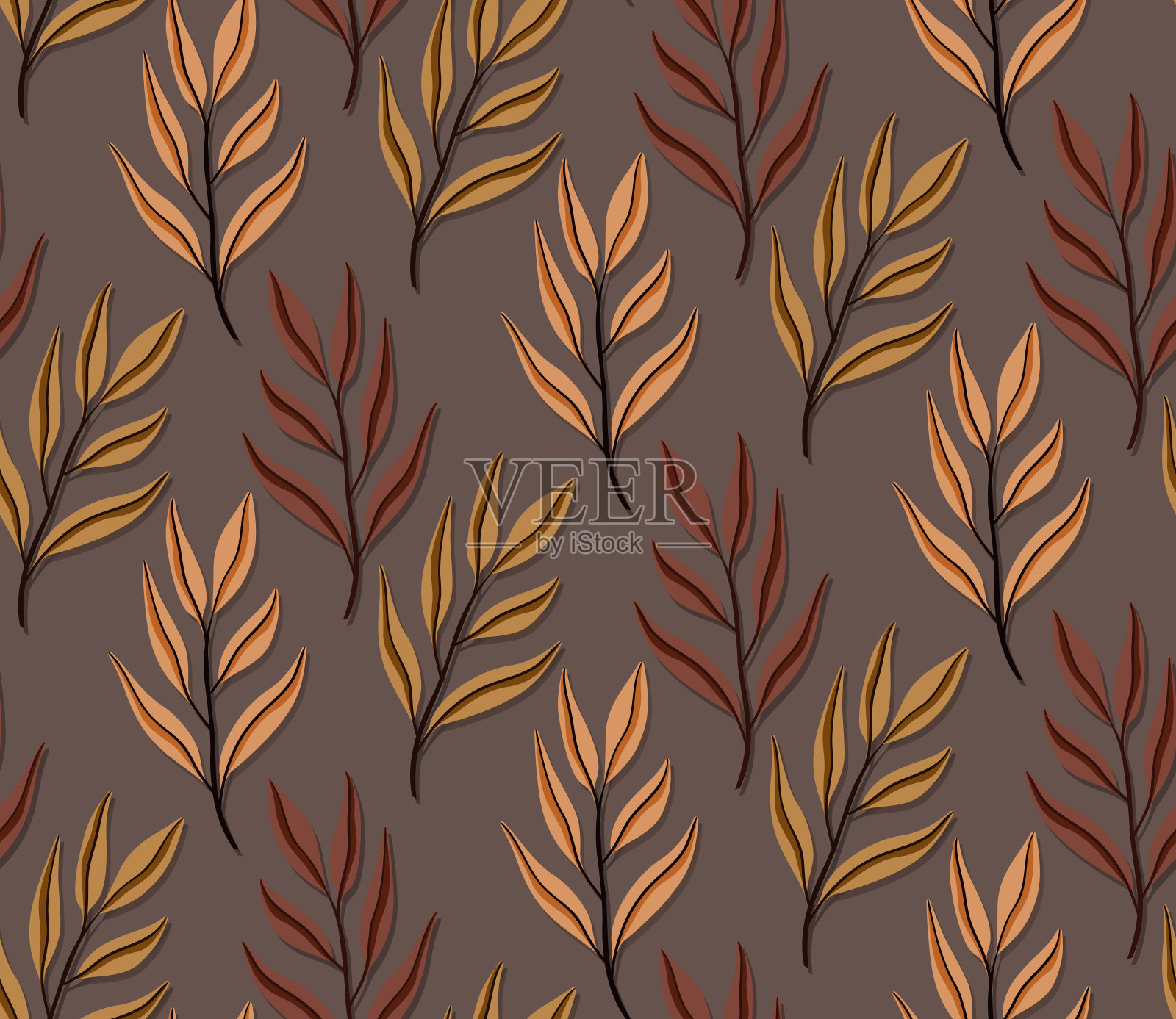 无缝最小的棕色叶子矢量图案设计。矢量图插画图片素材