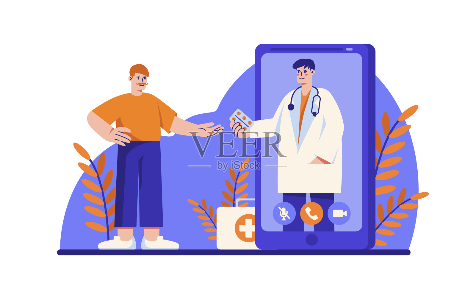 穿白大褂的男医生和病人谈话，给药，和病人谈话插画图片素材