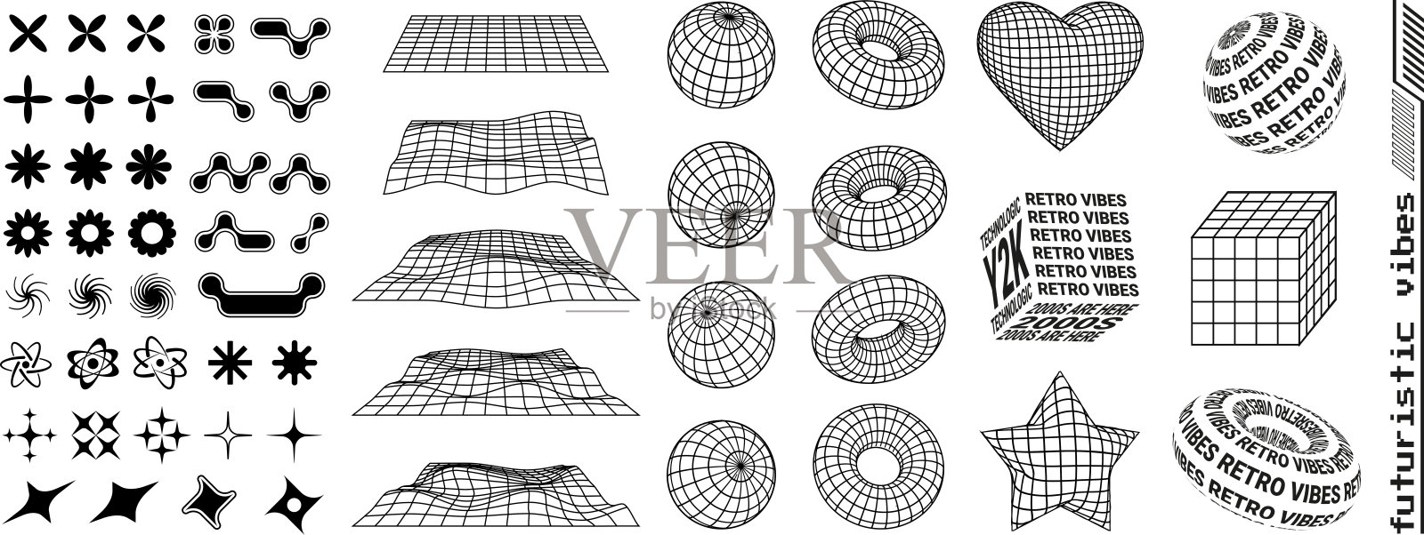 Y2K新潮的形状和三维矢量几何图形，千禧年的符号，标志和图标，形状的大集合。插画图片素材