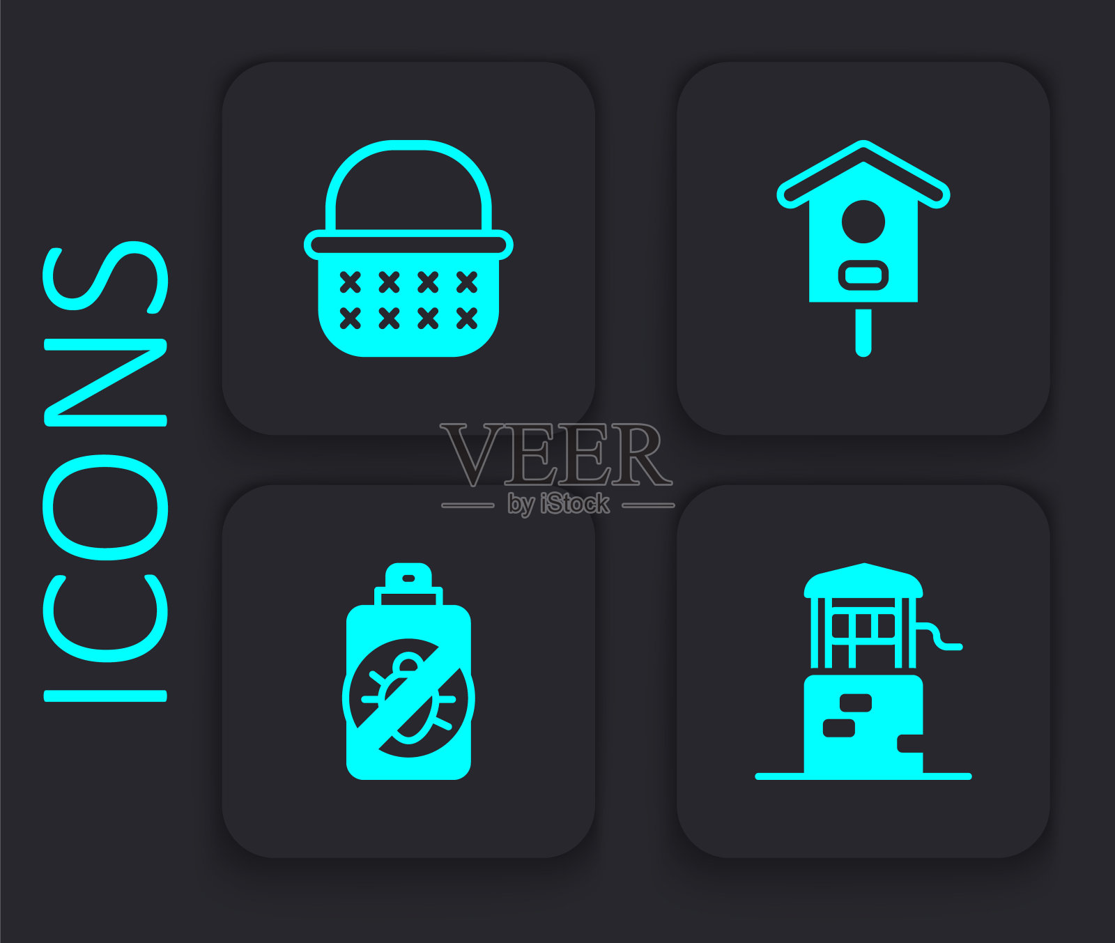 集好，柳条篮子，鸟屋和喷雾防虫图标。黑色方形按钮。向量图标素材