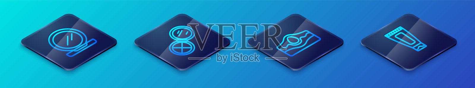 设置等距线痤疮，化妆粉与镜子，面霜乳液化妆品管和图标。向量图标素材