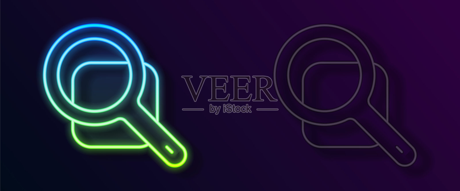 发光的霓虹灯线放大镜图标孤立的黑色背景。搜索，聚焦，缩放，商业符号。向量插画图片素材