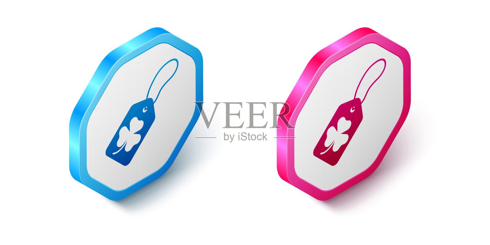 等距三叶草与标签图标隔离在白色背景。圣帕特里克节快乐。爱尔兰国家假日。六角按钮。向量插画图片素材