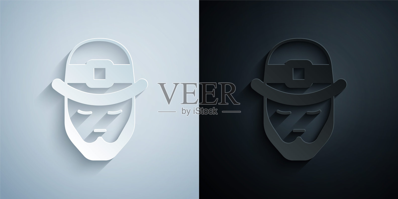 剪纸小精灵图标隔离在灰色和黑色的背景。圣帕特里克节快乐。爱尔兰国家假日。纸艺风格。向量插画图片素材