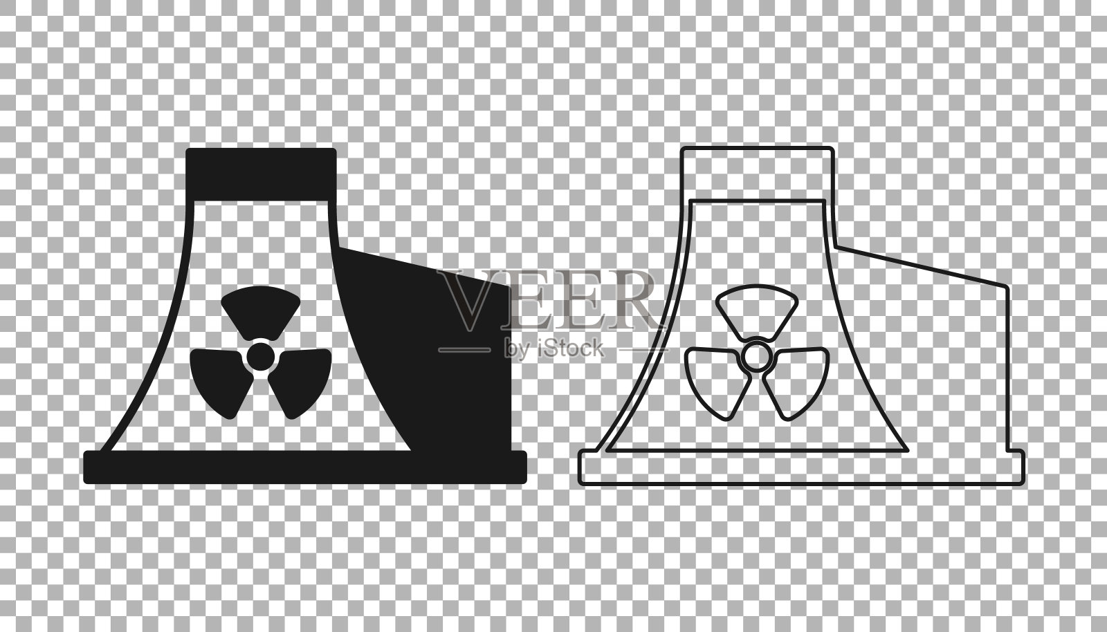 黑色核电站图标隔离在透明的背景。能源工业概念。向量插画图片素材