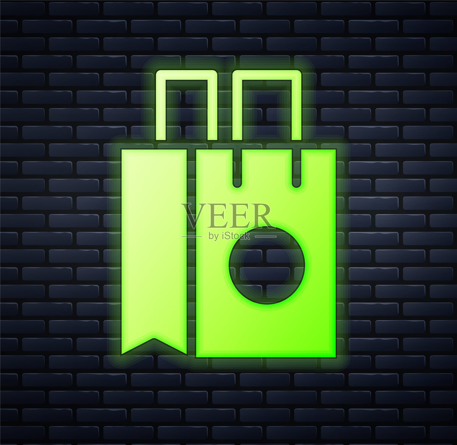 发光的霓虹灯纸购物袋图标孤立的砖墙背景。包的迹象。向量插画图片素材