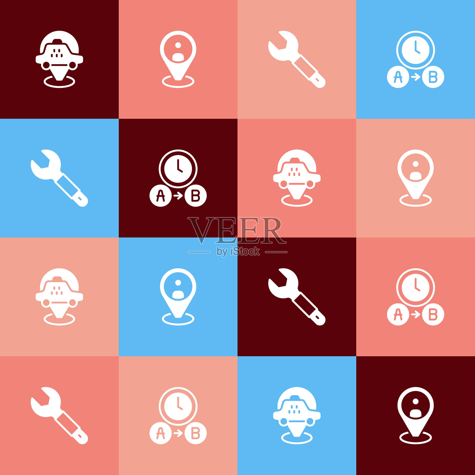 设置波普艺术位置出租车，出租车客户端，扳手扳手和等待时间图标。向量图标素材