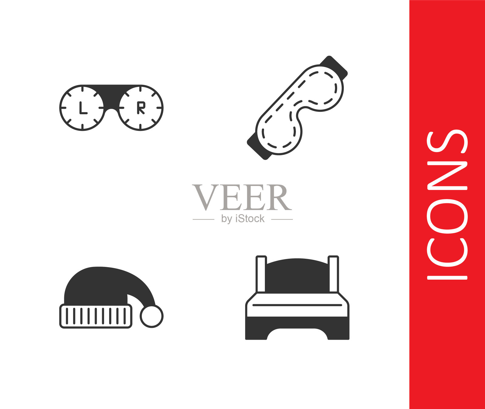 设置大床，隐形眼镜容器，睡眠帽和眼睛睡眠面罩图标。向量图标素材