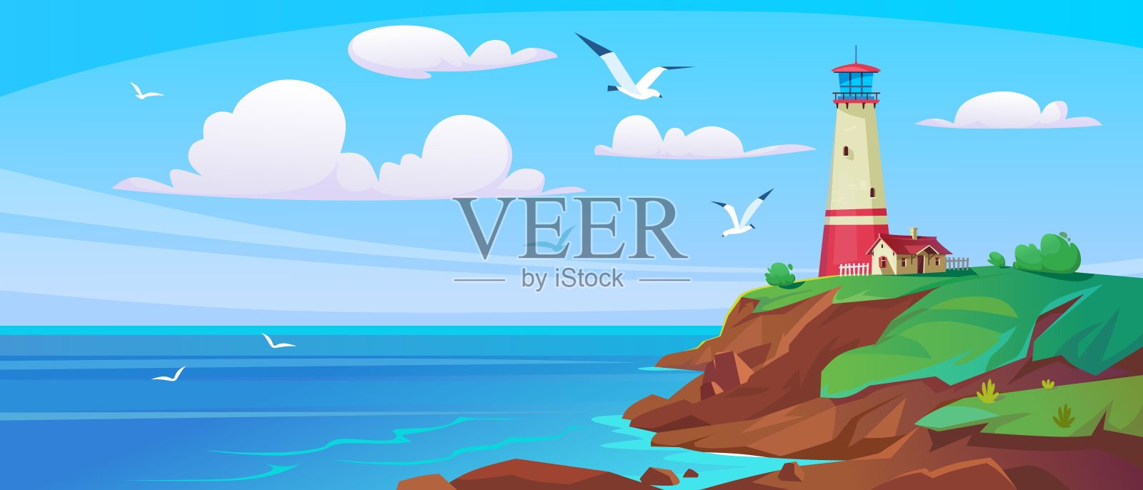 夏天海边的灯塔，蓝天上的海鸥插画图片素材