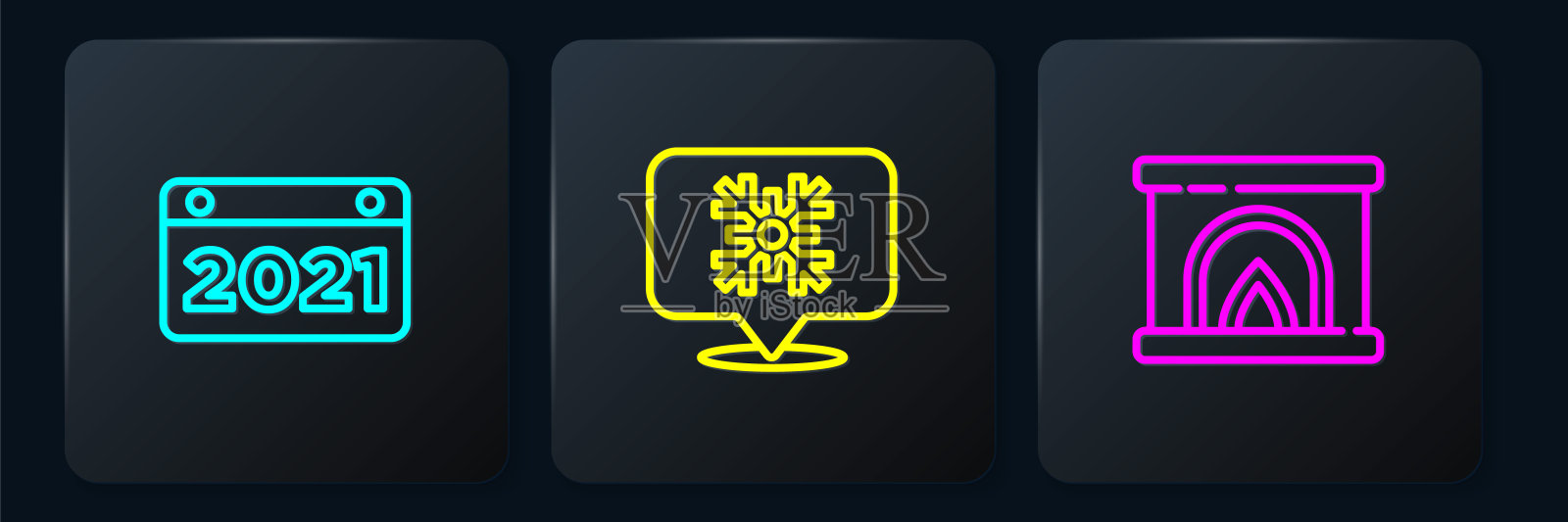 设置线日历，室内壁炉和雪花语音气泡。黑色方形按钮。向量插画图片素材