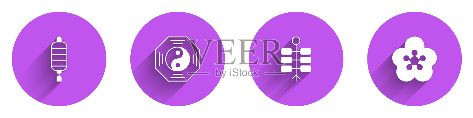 设置中国纸灯笼，阴阳符号，烟花和莲花图标长影子。向量图标素材