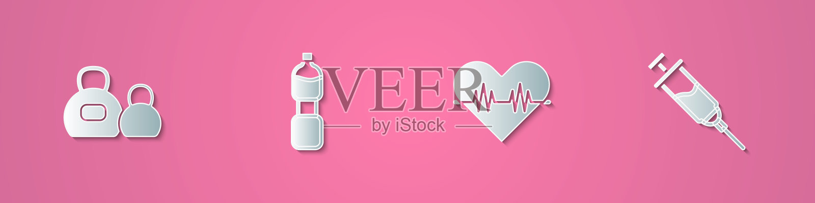 集剪纸壶铃，瓶装水，心率和兴奋剂注射器图标。纸艺风格。向量插画图片素材