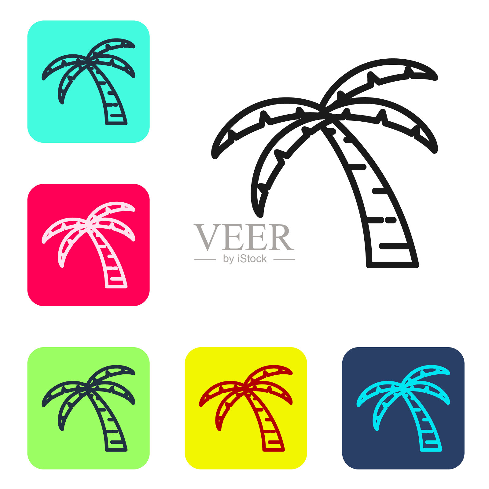 黑线热带棕榈树图标孤立在白色背景。椰子树。设置图标为彩色方形按钮。向量插画图片素材