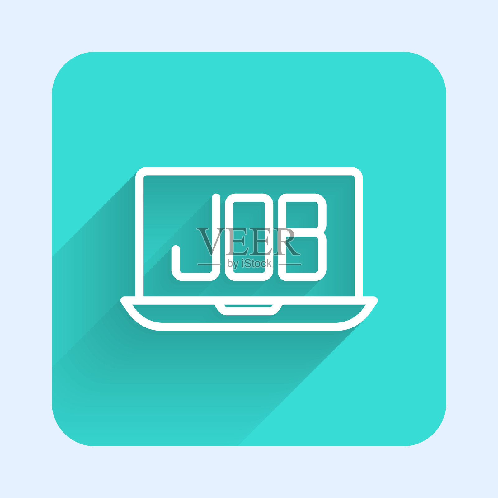 白线搜索作业图标与长阴影背景隔离。招聘或选拔概念。企业人力资源与招聘。绿色方形按钮。向量插画图片素材