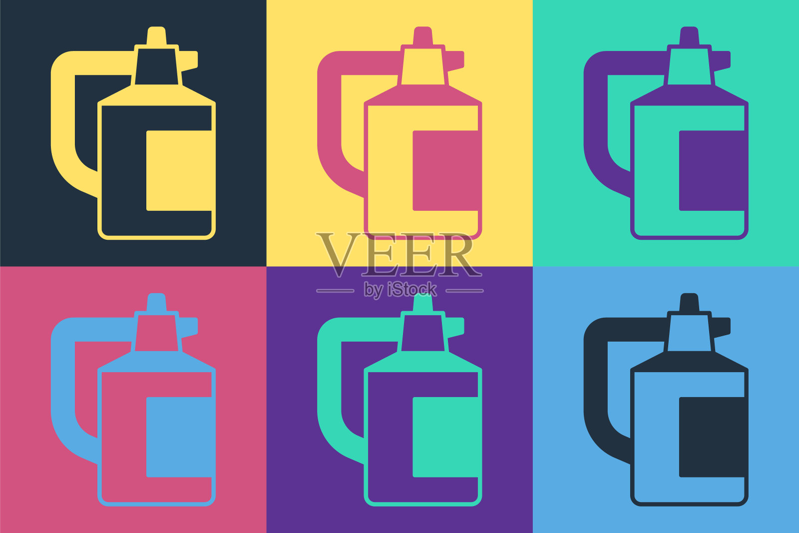 波普艺术花园喷雾器的水，化肥，化学品图标隔离的彩色背景。向量插画图片素材