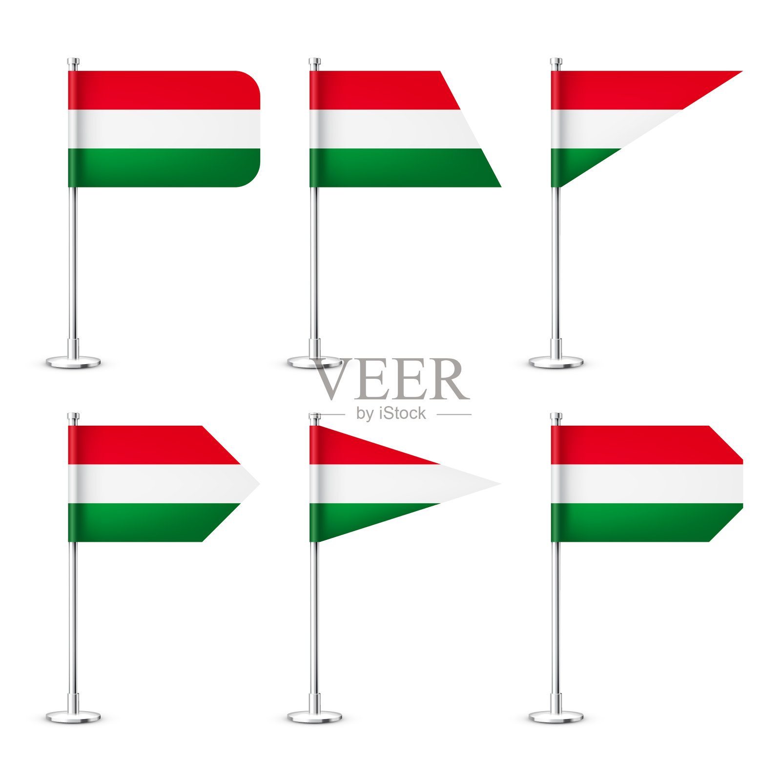 现实的各种匈牙利桌旗在一个铬钢杆。来自匈牙利的纪念品。桌旗由纸或织物制成，有光泽的金属架。用于促销和广告的模型。矢量图插画图片素材