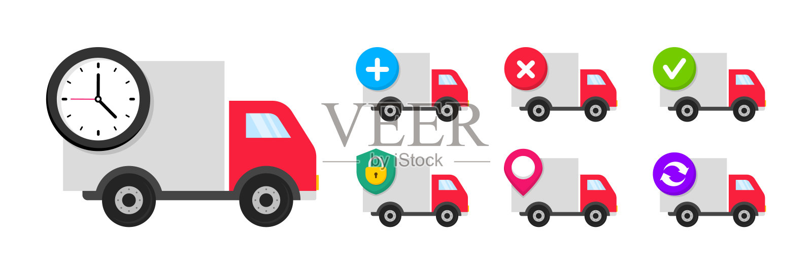 快递服务图标。送货卡车。物流配送平面图标集。快递。快速航运。货物运输，跟踪，安全，退货，批准和拒绝包裹。图标素材