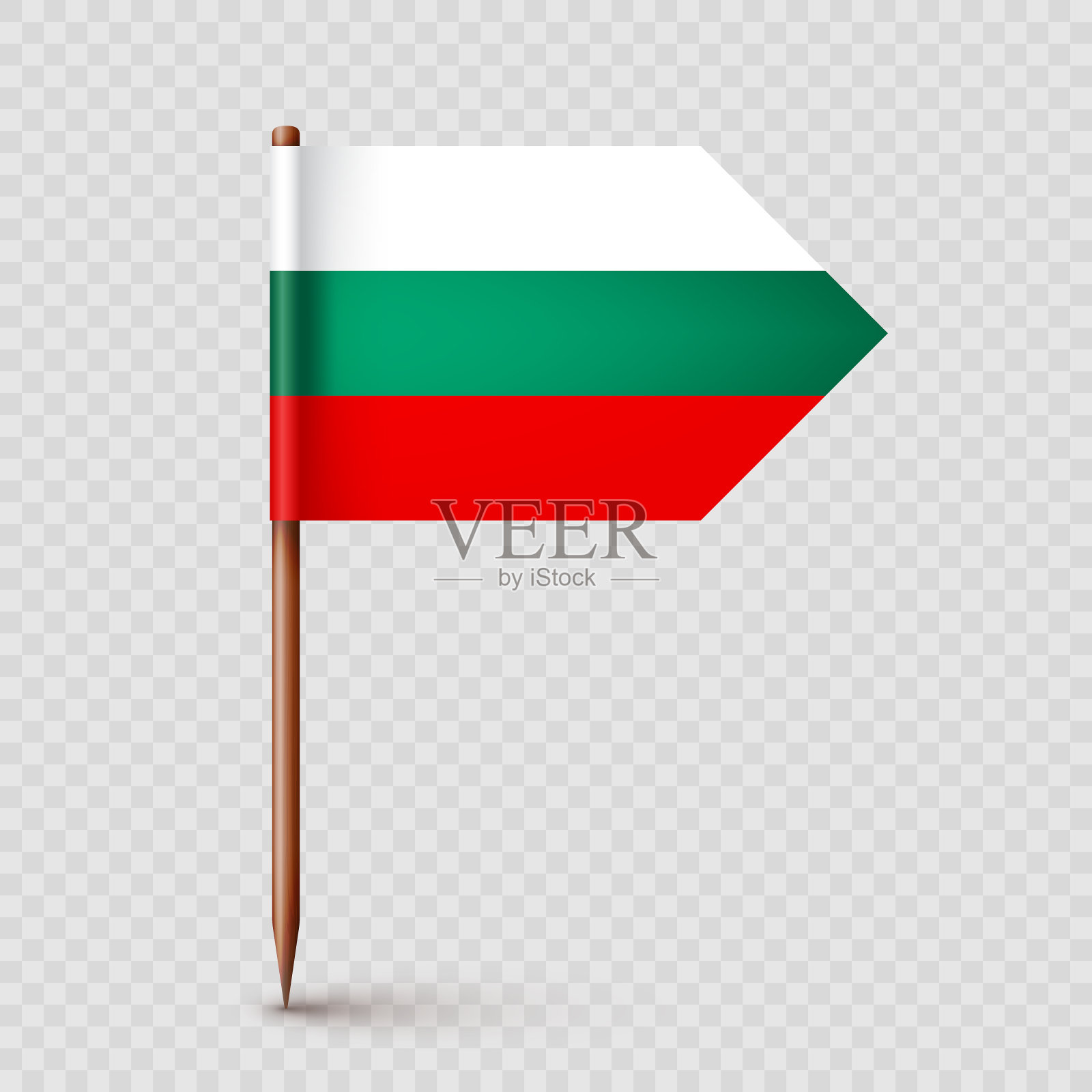 保加利亚牙签旗。保加利亚纪念品。带有纸旗的木制牙签。位置标记，地图指针。用于广告和促销的空白模型。矢量图插画图片素材