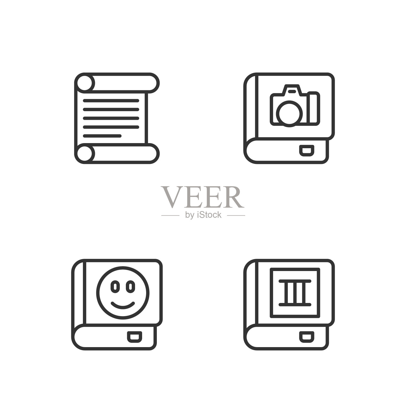 集线书，法令，羊皮纸，卷轴和相册画廊图标。向量图标素材