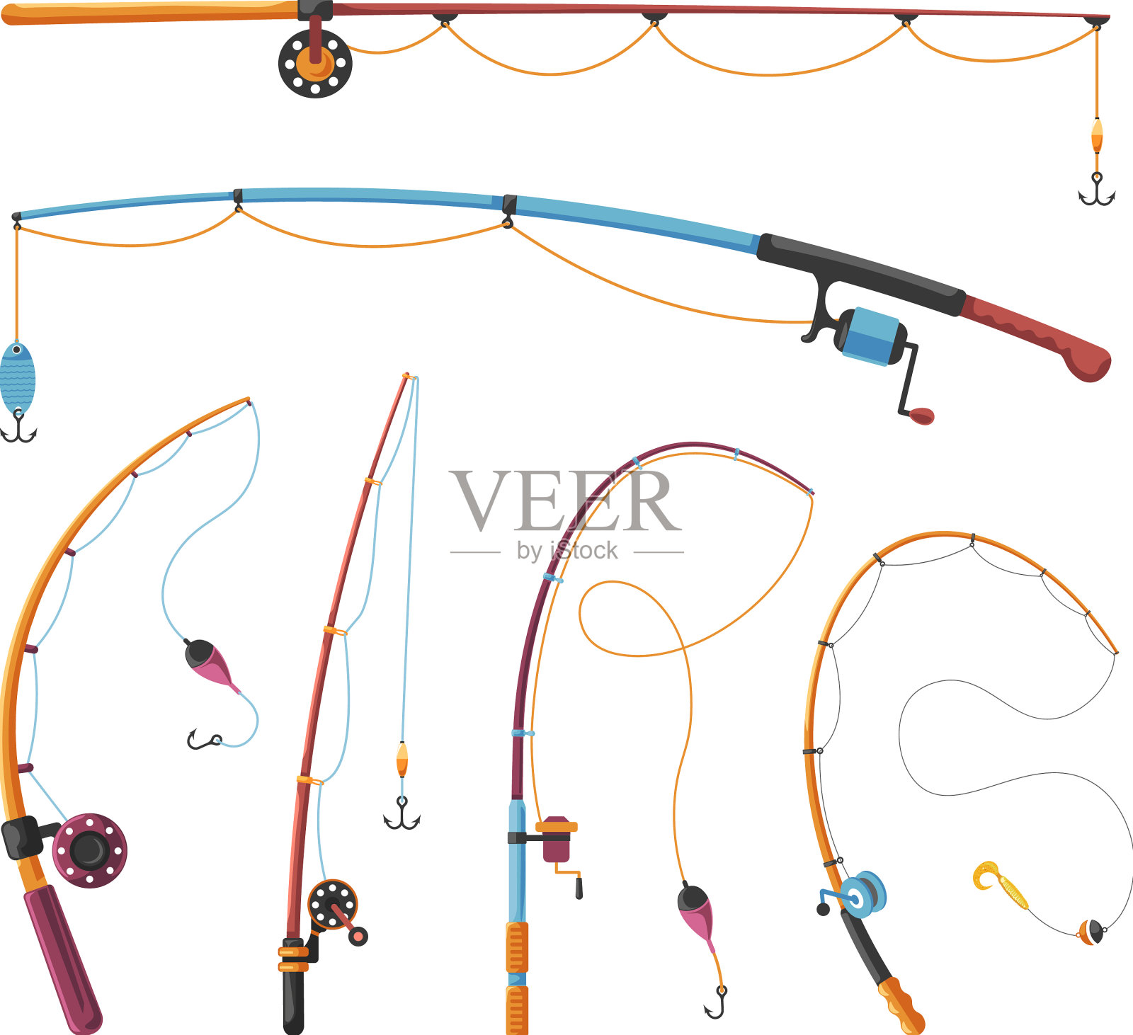 卡通鱼竿彩色孤立竿带设计元素图片