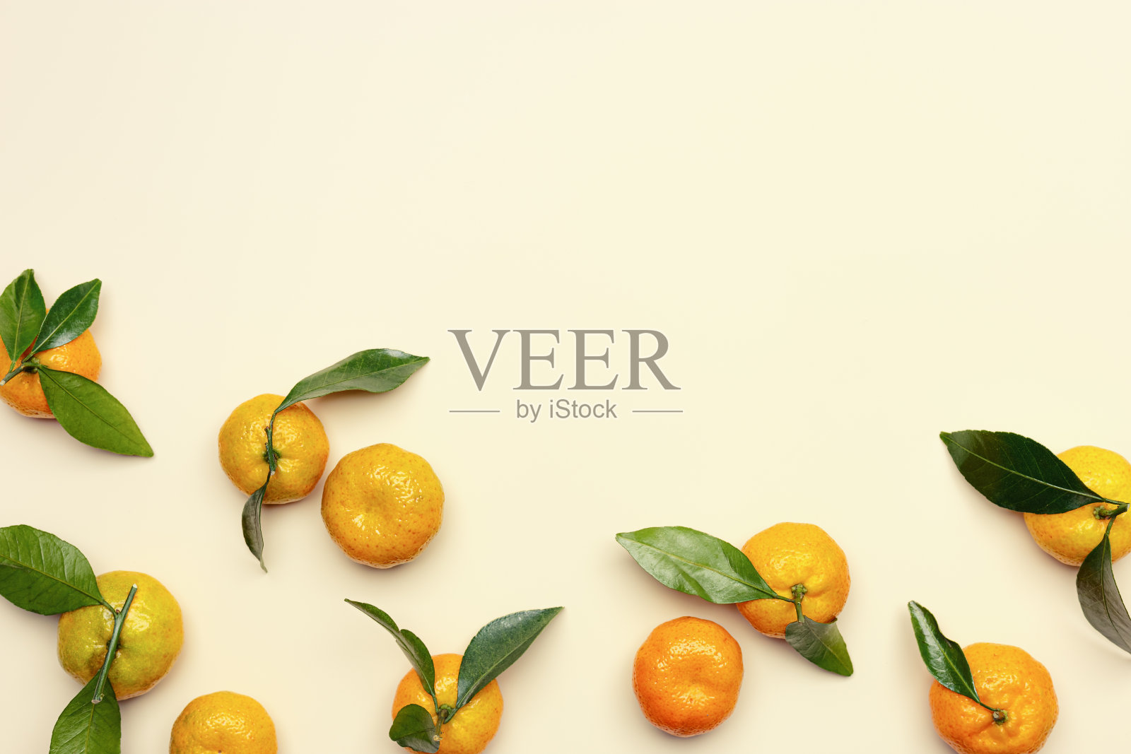 在柔和的米色背景上，整个橙黄色的橘子和绿叶，copyspace。柑橘类水果作为最小的食物框架背景，留白，上图，静物照片照片摄影图片